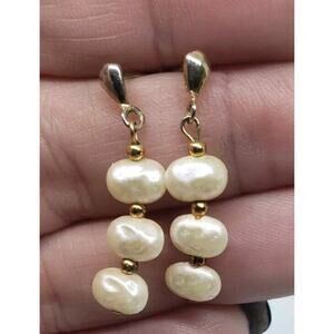 Vintage Faux Pearl Earrings Triplr Long Dangle Freshwater Gold Plated Beads